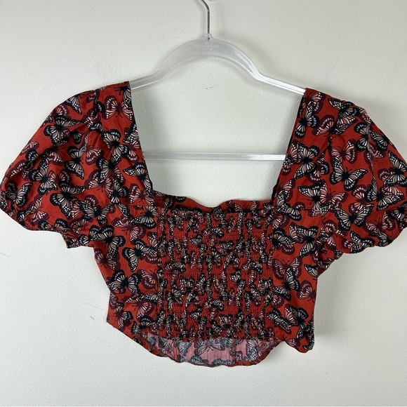 O.L.M. Puff sleeve burnt orange butterfly crop corset top blouse size: M - Picture 10 of 11